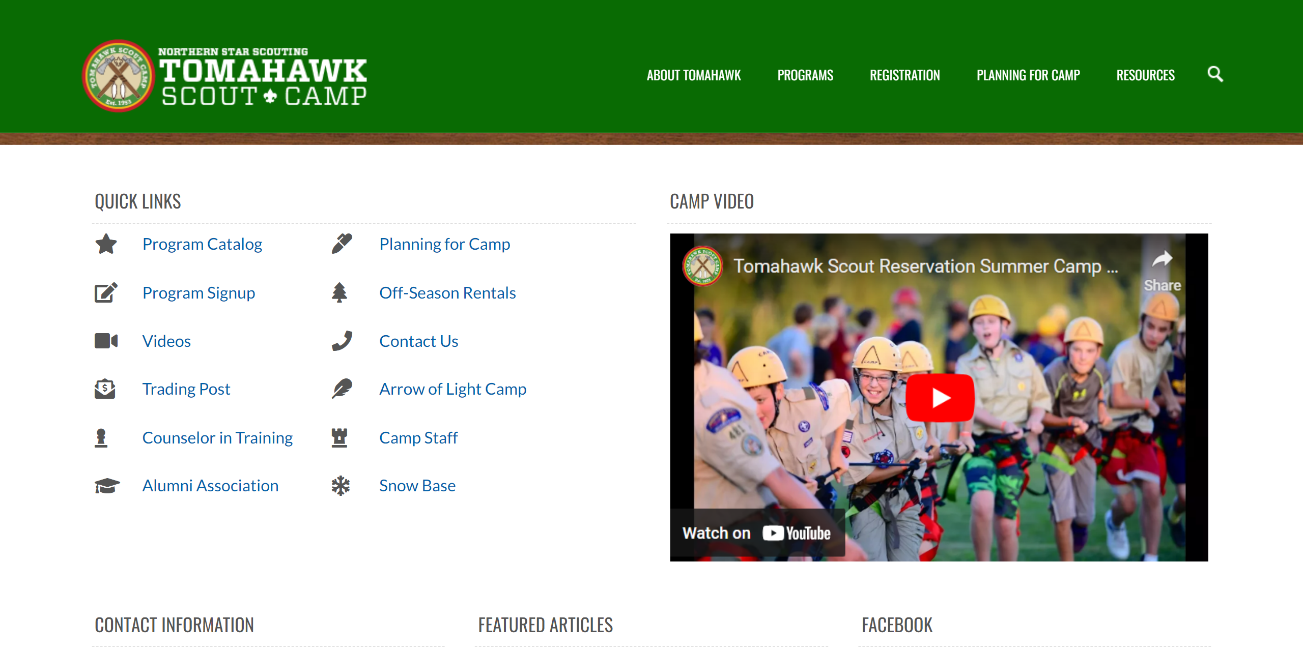 The Camp Tomahawk homepage, featuring a top navigation bar, some quick links with icons, and a promotional video. More content is implied to be below the scroll.