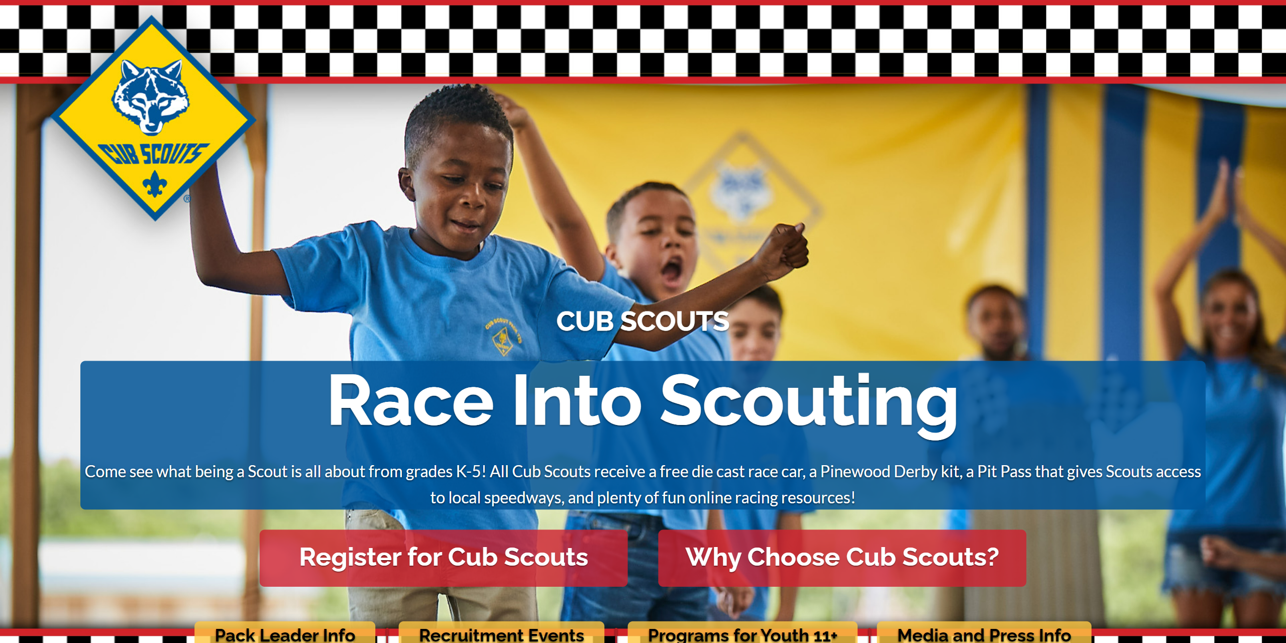 The Join Cubs homepage, showing links to register for Scouting floating over an image of Cub Scouts celebrating.